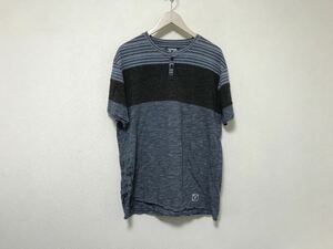 本物デシグアルDesigualコットンボーダー柄ヘンリーネック半袖Tシャツメンズサーフアメカジミリタリーワークビジネススーツ2XL青ブルーXXL