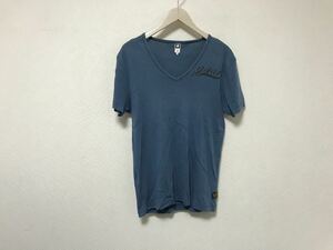 本物ジースターロウGSTARRAWコットンプリントVネック半袖Tシャツメンズサーフアメカジミリタリーワークビジネススーツ青ブルーL