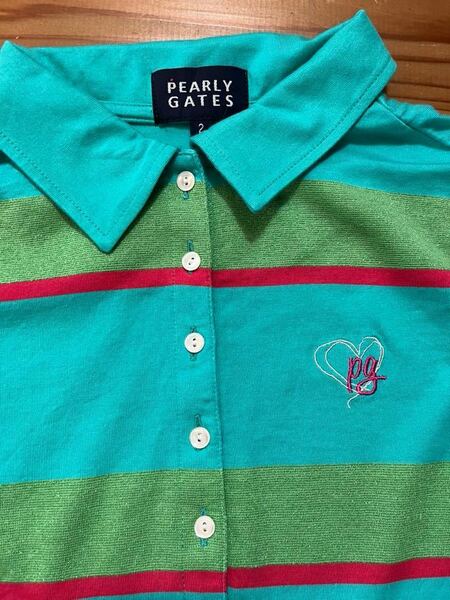 送料込み！PEARLYGATES ボーダーポロシャツ 美品 ラメ ゴルフウェア 2サイズ グリーン パーリーゲイツ GOLF