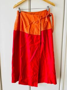 F8522ch【TOMORROWLAND トゥモローランド】ロング 巻きスカート サイズ 38(S位) オレンジ×レッド レディース リボン付き 薄手 バイカラー