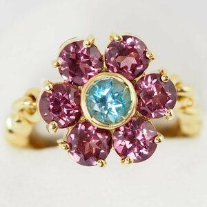 Ponte Vecchio Ponte Vecchio K18YG blue topaz / tourmaline 3.20ct flower flower ring 9 number [37451]