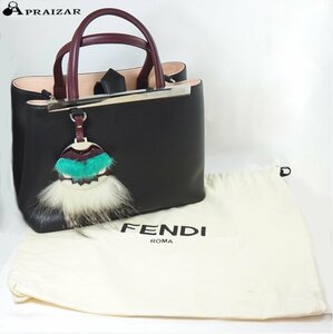 FENDI フェンディ プチ トゥージュール モンスターミラーチャーム レザー ハンドバッグ ブラック/ワイン 収納袋付 [58425]