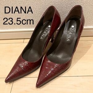 【美品】DIANA ダイアナ パンプス クロコ型押し ポインテッドトゥ ピンヒール レッド系 日本製