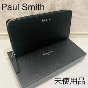 【未使用箱付】Paul Smith ポールスミス 長財布 ブラック ラウンドファスナー ポールドローイング PSC007 牛革 小銭入れあり 新品に近い 