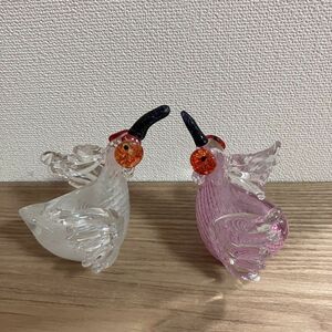 鳥　トキ　置物　硝子細工　ガラス　ペア　白　ピンク