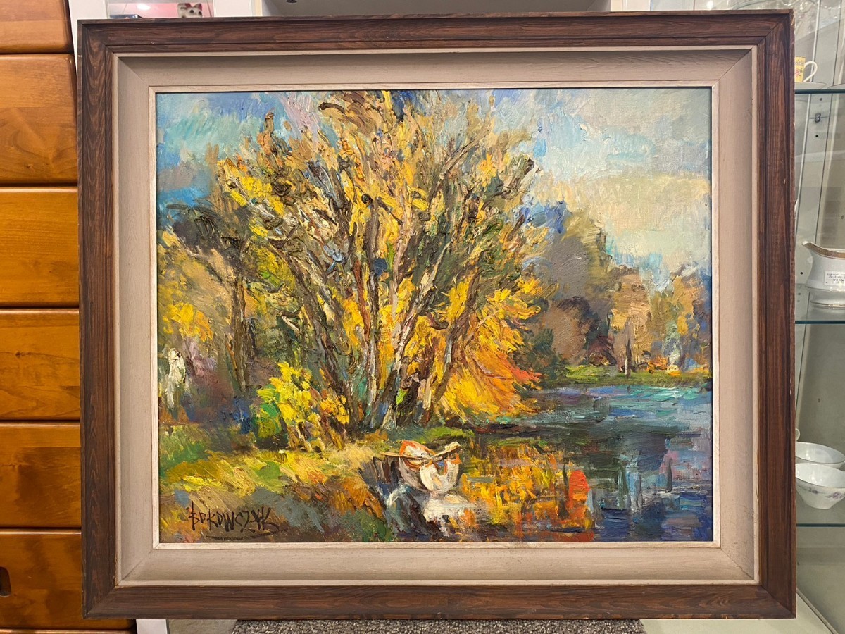 [Authentic] Wlodzimierz Borowczyk Oil Painting, Large Polish Painting Trees, Lake and Boat Oil Painting, Landscape Painting, Authentic, Framed, Scenery, Trees, Boat, Lake, Painting, Oil painting, Nature, Landscape painting