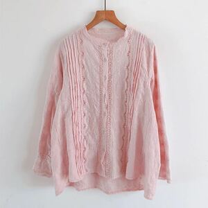 トップス　レディーシャツ　長袖ブラウス　綿コットン通気性いい　素敵刺繍　ピンク色