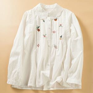 レディーストップス　長袖シャツ　綿コットンシャツ肌触りいい　通気性いい　長袖ブラウス　精美花柄刺繍ホワイト