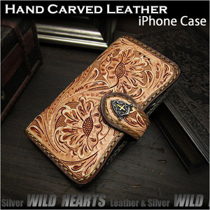 Art hand Auction iPhone 12mini iPhone Hülle Smartphonehülle Notebook-Stil Lederhülle Carving Handmade Sattelleder Mit Concho, Zubehör, iPhone-Hüllen, Für iPhone 12/12 Pro