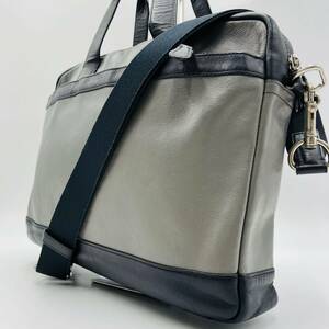 1円【希少】COACH コーチ トートバッグ ショルダー 2WAY ビジネス ブリーフケース レザー メンズ A4 書類鞄 バイカラー グレー ブラック