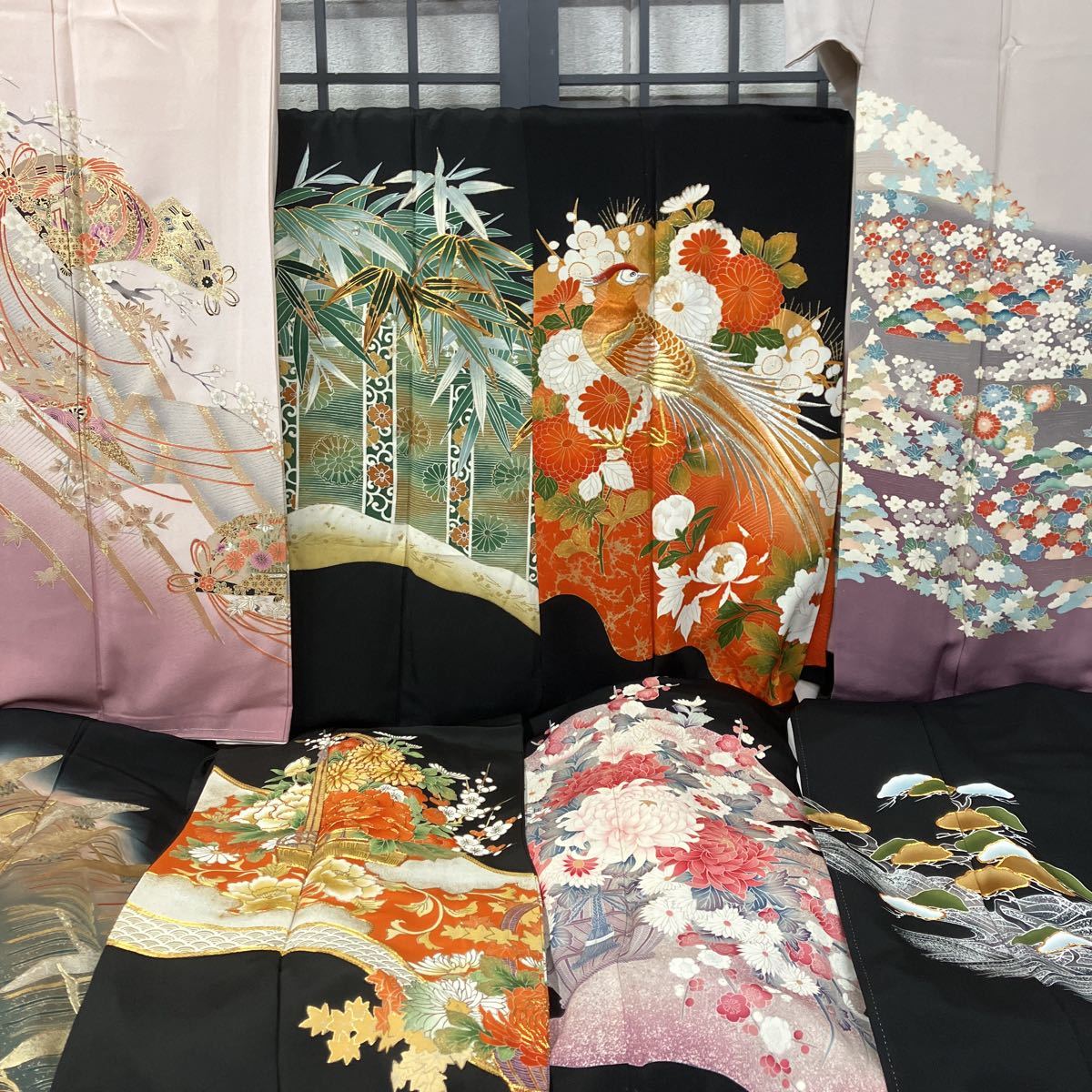 ?新作 扇子に松 寺院 金駒刺繍 付下げ K 利休鼠色 トール