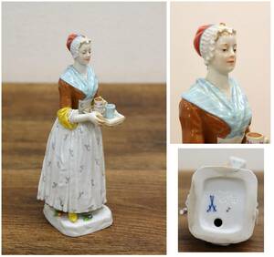 【真作】 Meissen/マイセン 陶器人形 チョコレートカップを運ぶ少女 西洋陶器/陶磁器 置物 オブジェ/インテリア アンティーク J1175+