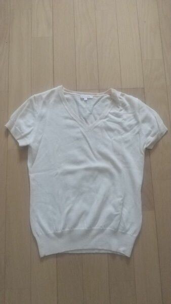 [送料込][美品]半袖ニット/毛100%/キナリ/sizeS//