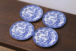 R-040837　アンティーク雑貨　昭和初期　「日本特製」　輸出用　梅図印判皿4枚セット(中皿、和食器)(R-040837)