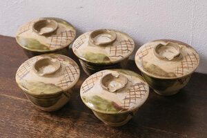 R-041390　アンティーク雑貨　江戸明治期　時代物　古い織部焼蓋茶碗5客セット(和食器)(R-041390)