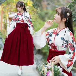 L размер Taisho роман hakama японский костюм кимоно. серп кама платье длинный цветочный принт фотосъемка Event Лолита мир roli мир Лолита костюмированная игра kos красный аукцион 