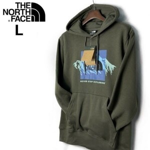 1円～!売切!【正規新品】THE NORTH FACE◆NOV GRAPHIC HOODIE プルオーバー パーカー US限定 裏起毛 登山 男女兼用(L)緑 カーキ 181130-33