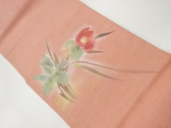 ys6800044; Sou 手织紬 金色手绘山茶花图案名古屋带 [已佩戴], 女士和服, 和服, 紬, 御饭, 其他的