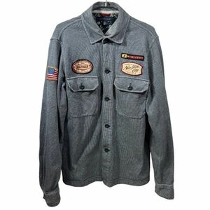 ★90'Sフラッグロゴ★ TOMMY HILFIGER 長袖シャツジャケット S(M相当)ヒッコリー柄 デカボタン ワッペン多数 洗濯 プレス済み USED sn159