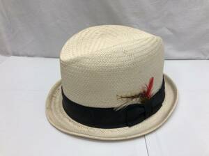 NEW YORK HAT ストローハット 中折れ 麦わら帽子 羽根つき XL 7 1/2～7 5/8 ベージュxブラック系 ニューヨークハット 23100202