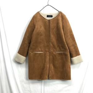 NZ515●chocol raffine robe ノーカラー フェイクムートン コート●L●ブラウン ショコラフィネローブ