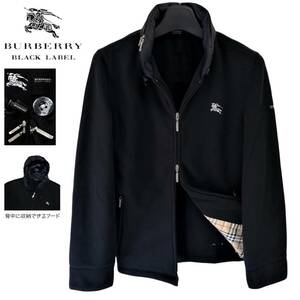 美品 バーバリーブラックレーベル ホース刺繍 フードパーカー2WAY マイクロボアフリース ジャケット 3/L 黒 ブルゾン BURBERRY BLACK LABEL