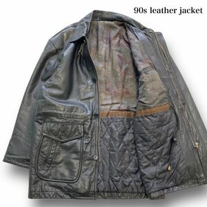 【Vintage Leather Jacket】90s 牛革 レザージャケット 90年代 黒 ブラック ヴィンテージ 古着 キジ柄 内張総柄 ジップアップ ポケット (L)