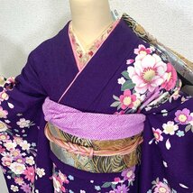 〇振袖 銀通し ラメ刺繍 牡丹 桜 紫 成人式 結婚式〇美品 310z19_画像7