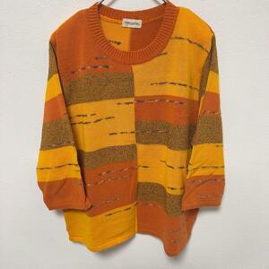 ミモザリップ(F)ニット セーター 総柄 肩パッド コットン 茶色 橙色 七分袖