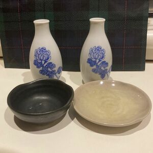 菊正宗　徳利 酒器 2本(日本)セット　ワールドカップ　応援　オマケ:無印良品　ふきん1枚(新品) おつまみ用　小皿付き 2枚　