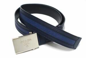 極美品 PRADA プラダ ロゴプレート ガチャベルト 2C4635 サフィアーノレザー バイカラー ネイビー×シルバー金具 メンズ 34 85 最長約95cm