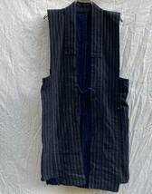 裏地 ◎ 昭和初期 戦前 野良着 袖無し 半纏 粗刺し 藍染 縞 ジャパンヴィンテージ JAPAN VINTAGE 30s40s 日本の古い服 らんる 襤褸_画像2