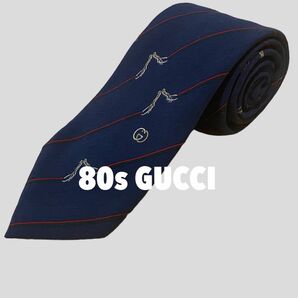 【高級シルク】80s GUCCI イタリア製 ネクタイ クレスト GG チェーン ロゴ ネイビー エンブレム グッチ ビンテージ 