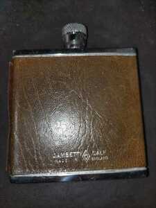 イギリス製　GAMBETTI CALF レザー　スキットル　MADE　IN　ENGLAND　2 oz ステンレス製　革製 英国　検索　ウイスキー　酒器　ビンテージ