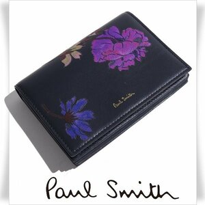 新品1円～★定価3万 ポールスミス Paul Smith 箱付き スペイン製 牛革レザー二つ折り財布 カードケース スキャッターF ウォレット ◆1727◆