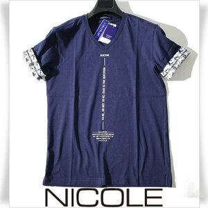 新品1円～★ニコル セレクション NICOLE selection メンズ コットン綿 半袖 Vネックデザインカットソー 46 M ネイビー Tシャツ ◆2920◆