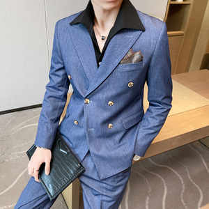 新品 スーツセット ビジネススーツ メンズ ダブルスーツ 上下セット シングルスーツ 高級 無地スリム 二つボタン 紳士 結婚式 ブルー M~3XL