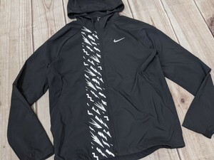 15．NIKE RUNNING 柄入り　スウォッシュ　ジップアップ うすでナイロンパーカー ジャケット　トレーニングウェア　メンズM　黒白x205