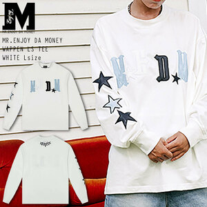 MR.ENJOY DA MONEY MEDM 正規品 男女兼用 ユニセックス ワッペン ロゴ 長袖Tシャツ PU LEATHER WAPPEN LOGO LONG SLEEVE TEE シロ L