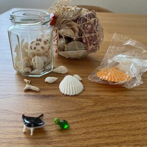 ヒトデ貝殻サンゴ　ハンドメイド材料＋小さなガラス細工のカメとエイ