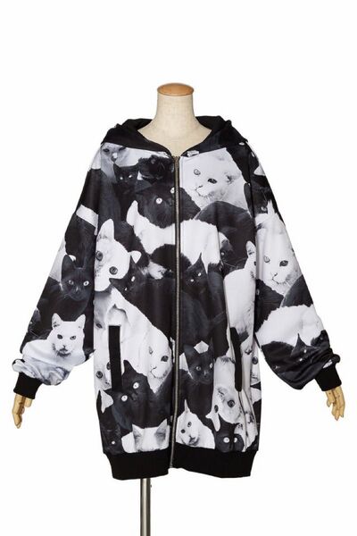 ankoROCK モノクロアニマルネコパーカー ジップパーカー メンズ レディース ユニセックス 長袖 ねこ パーカー モノクロ