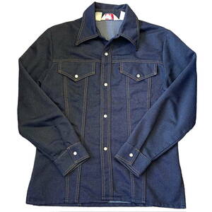 70s Levi's サドルマン ポリエステルシャツ ジャケット MEDIUM インディゴ 長袖 黒金タブ オープンカラー 開襟 リーバイス ヴィンテージ