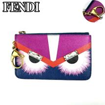 【極美品】FENDI フェンディ バッグバグズ モンスター キーリング バグズアイ ビジュー装飾 コインケース 小物入れ カードケース レザー_画像1