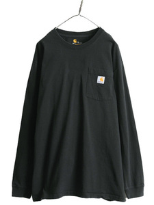 カーハート ポケット付き 長袖 Tシャツ メンズ XL / 古着 CARHARTT ロンT ワンポイント ポケT ロゴT ヘビーウェイト 大きいサイズ ブラック