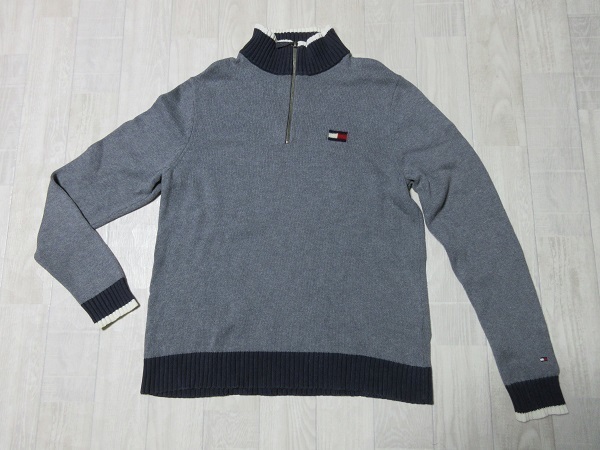 『 送料無料!』★ レア!《 90’sビンテージ!》【トミーヒルフィガー・TOMMY HILFIGER】グレー ♪♪『ハーフジップ』ニット・セーター・M