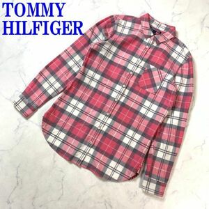 トミーヒルフィガー 長袖シャツ 綿 チェック ピンクTOMMY HILFIGER チュニック 丈長め コットン ネルシャツ ６ C7480