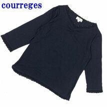 クレージュコットンレース付きカジュアル長袖トップス ブラック courreges ビーズ付き Vネック 首元ギャザー入り 9R C7116_画像1