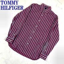 トミーヒルフィガー 長袖シャツ 綿 ボタンダウン ストライプ 赤 TOMMY HILFIGER コットン レッド ワインレッド 紫 パープル S C7171_画像1