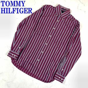 トミーヒルフィガー 長袖シャツ 綿 ボタンダウン ストライプ 赤 TOMMY HILFIGER コットン レッド ワインレッド 紫 パープル S C7171