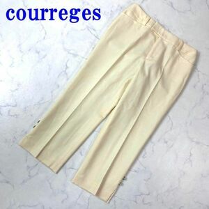 クレージュカジュアルプレス入りクロップドパンツライトベージュ courreges ビジネス オフィス 裾スリット入り 装飾ボタン有 38 C7328